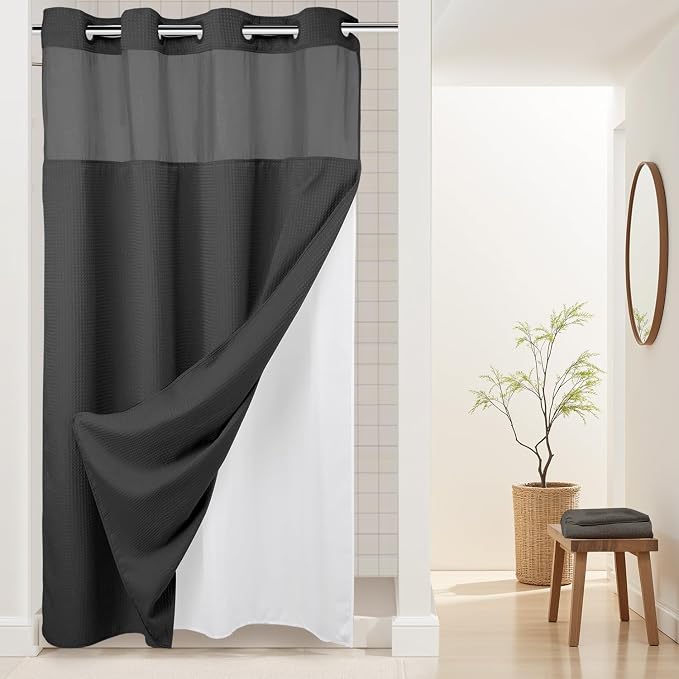 River Dream Waffle No Hook Shower Curtain with Liner,Graphite Grey,54x80 | Dotted Waffle,Snap-in Liner,Heavy Duty,Quick Dry,Mesh Top Window,With Bottom Magnets,Hotel-Grade,Washable,Stall Long Size
