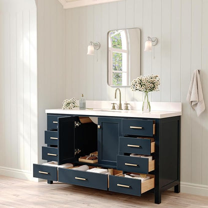 ARIEL Cambridge 60-inch Bathroom Vanity with Sink,Solid Wood, 1.5-inch Pure White Quartz Countertop, Single Rectangular Porcelain Sink, 2 Soft Closing Doors, 9 Dovetail Drawers, Midnight Blue