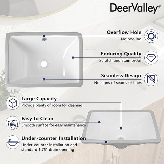 DeerValley DV-1U306 Ursa Undermount Bathroom Sink, 17.91”x 12.8” Vessel Sinks Rectangle Undermount Sink Modern White Ceramic Vanity Vessel Sink with Overflow