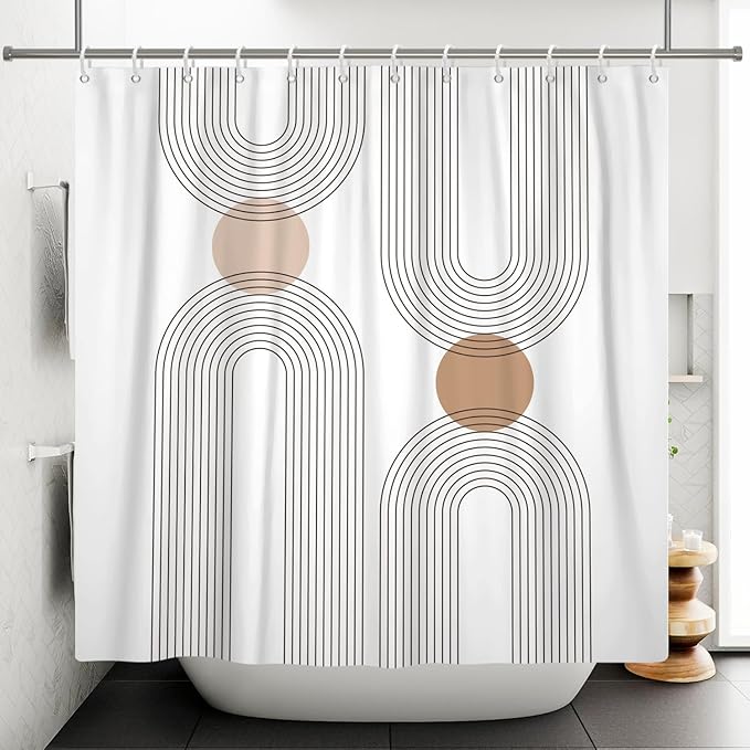 Mid Century Shower Curtain for Bathroom, Boho Sun Rainbow Modern Minimalist Geometric Shower Curtain, Abstract Arch Lines Modern Aesthetic Bathroom Decor Curtain Sets 72x78 inch