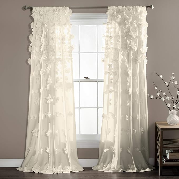 Lush Decor Riley Light Filtering Window Curtain Panel, Single 54" W x 84" L, Ivory - Cute Curtains for Bedroom - Bow Decor - Coquette Curtains for Windows