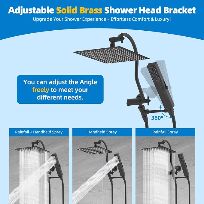 Hibbent All Metal cUPC Certified Shower Head, 12'' High Pressure Rainfall Showerhead Combo, Handheld Shower Wand, 12'' Adjustable Extension Arm, 4-Spray, 71'' Hose, Brass Shower Holder, Matte Black