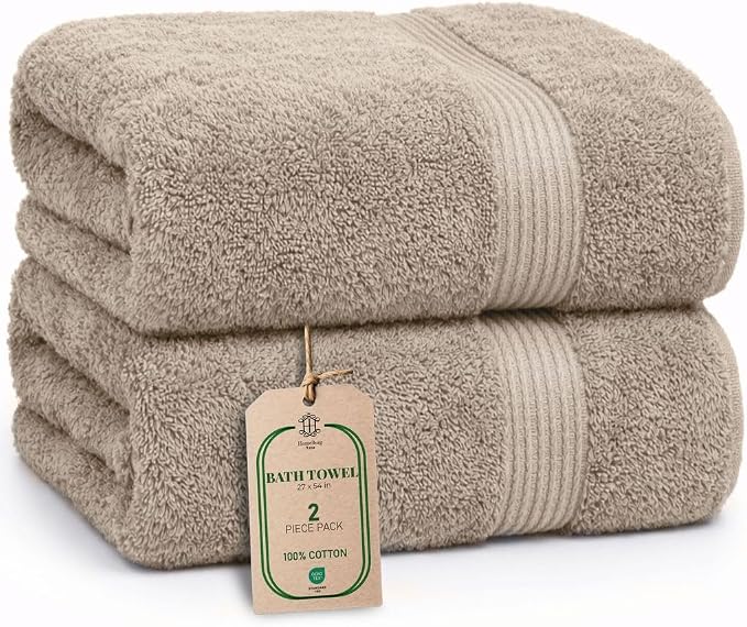 Luxe 2-Piece Bath Towel Set – Large Soft Cotton Towels, Absorbent, Durable & Skin-Friendly, Machine Washable, 27 x 54 in (Sand)
