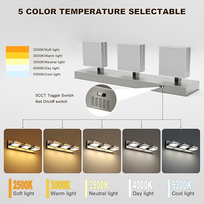 Joossnwell Brushed Nickel Vanity Lights for Bathroom Light Fixtures (3-Light, 19.69-Inch) Dimmable 5CCT Modern Bath Lighing Fixture Over Mirror LED Vanity Lighting