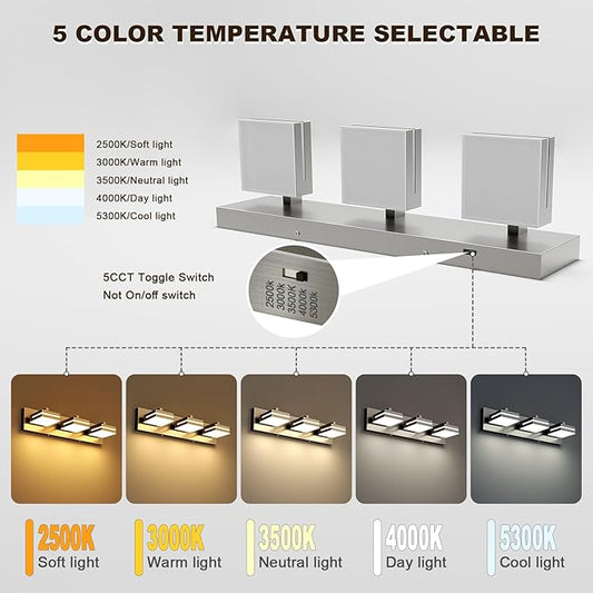 Joossnwell Brushed Nickel Vanity Lights for Bathroom Light Fixtures (3-Light, 19.69-Inch) Dimmable 5CCT Modern Bath Lighing Fixture Over Mirror LED Vanity Lighting