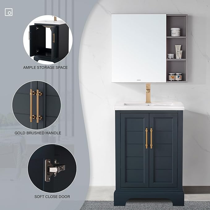 HOMEBEYOND 24 Inch Bathroom Vanity with Single Sink & Ceramic Top, Vanity Cabinet with Center Countertop Basin, Soft-Closing Doors, Vintage Spruce Blue