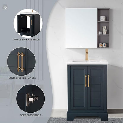 HOMEBEYOND 24 Inch Bathroom Vanity with Single Sink & Ceramic Top, Vanity Cabinet with Center Countertop Basin, Soft-Closing Doors, Vintage Spruce Blue