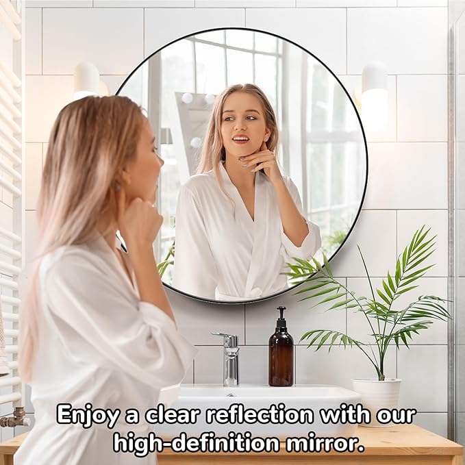 26 Inch Round Medicine Cabinet with Mirror, Black Farmhouse Bathroom Storage Cabinet, Metal Frame Circular Vanity Mirror Cabinet, Surface Mount Only – Ideal for Master Bathrooms