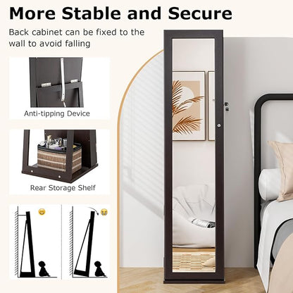 COSTWAY Standing Jewelry Cabinet, Large Capacity Jewelry Organizer w/Full-Length Mirror & Rear Storage Shelves, Lockable Mirror Jewelry Armoire with Keys for Girls Women (Espresso)
