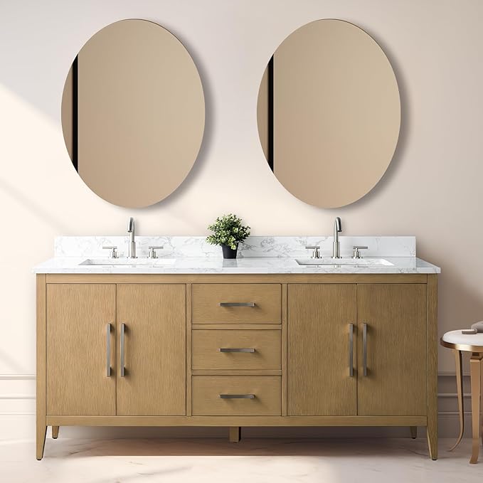 Vanity Art 72 inch Bathroom Vanity with Double Sink & Ceramic Top, Vanity Cabinet with Soft-Closing Doors, Drawers, Solid Wood Frame, Natural Oak, Brushed Nickle Handware