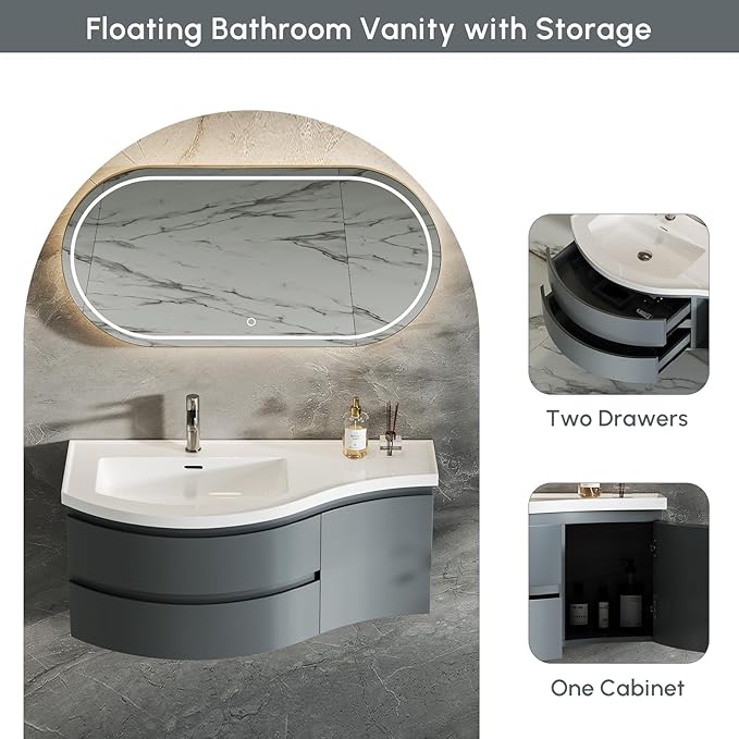 Floating Bathroom Vanity with Sink, 35.4" Modern Curved Bathroom Vanity, Wall Mounted Half-Circle Bathroom Cabinet, White&Gray Blue, Left-Hand Sink