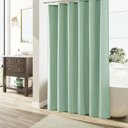 Aqua Green Linen Shower Curtain, Country Boho Farmhouse Bath Decor Shower Curtains Neutral Cloth Weighted Textured Fabric Bath Curtain Liner with Hooks, 72x72