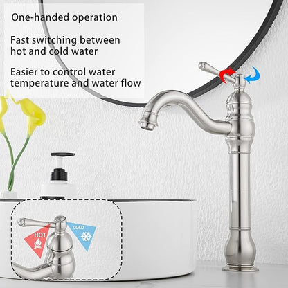 GGStudy 360° Swivel Single Handle One Hole Bathroom Vessel Sink Faucet Matching Pop Up Drain Without Overflow Brushed Nickel