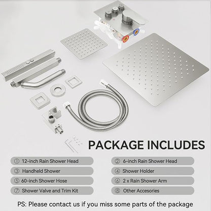Shower Systems with Rain Shower and Handheld,STARBATH Dual Head 12+6" Rainfall Shower Can Run All Together, Ceiling Mount Shower Faucet Set with Pressure Balance Valve and Trim Kit, Brushed Nickel