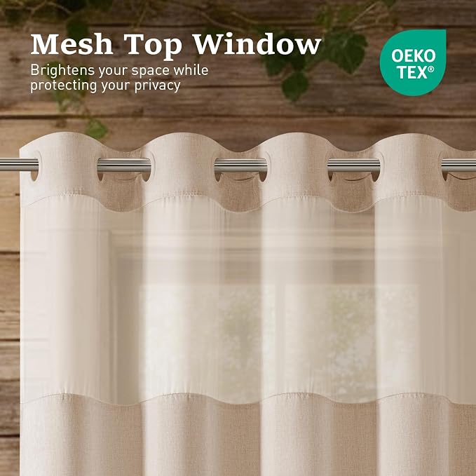 Tan Ringless Linen Textured Shower Curtain with Snap in Liner, 72x75 | 3 in 1 Hotel Shower Curtain Set, Removable Liner, Waterproof & Washable, Mesh Top Window, Durable Fabric, Easy to Install