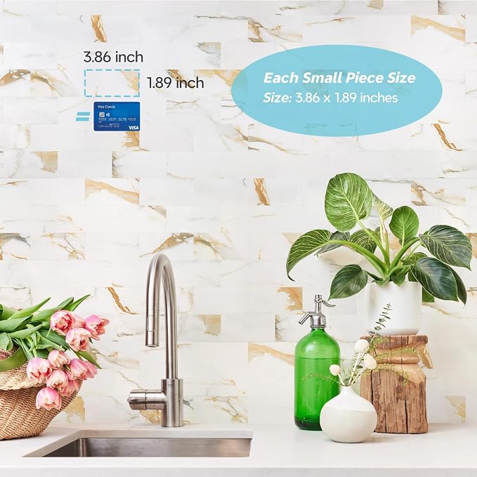 STICKGOO 10-Sheet Peel and Stick Backsplash, Calacatta Golden | Marble Look Kitchen Backsplash Wall Tiles, Peel and Stick Wall Panels for Bathroom, Fireplace, RV
