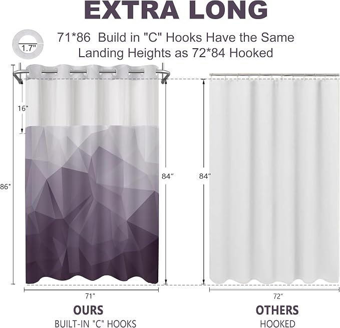 No Hook Shower Curtain with Snap in Liner Set, Purple, 71x86 | Waterproof Fabric for Bathroom, Modern Hotel Style Ombre Design, Mesh Top Window, Machine Washable, Quick Install