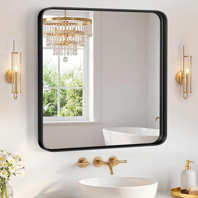Sweetcrispy Bathroom Mirror 30x30 Inch, Vanity Mirror for Wall | Metal Framed Rounded Rectangle, Over Sink, Farmhouse, Restroom, Anti-Rust, Horizontal or Vertical Hanging, Black
