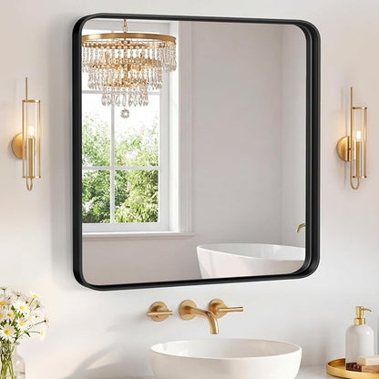 Sweetcrispy Bathroom Mirror 30x30 Inch, Vanity Mirror for Wall | Metal Framed Rounded Rectangle, Over Sink, Farmhouse, Restroom, Anti-Rust, Horizontal or Vertical Hanging, Black