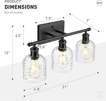 zeyu Bathroom Black Vanity Light, 21'' Black Bathroom Light Fixture 3 Light, Modern Vanity Lamp with Clear Hammered Glass, ZJF63B-3W BK