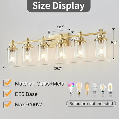 Brushed Brass Vanity Light, 6-Light Fixtures with Clear Glass Shades, Over Mirror, for Bathroom, Living Room, Hallway