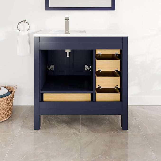 Eviva London 36 in. Blue Single Sink Bath Vanity with Carrara Quartz Top and Undermount Porcelain Sink