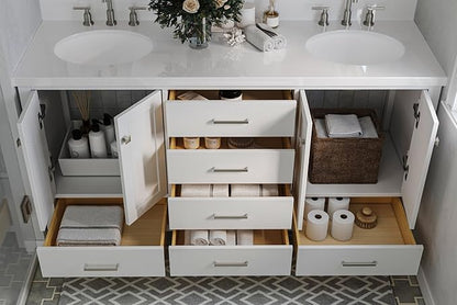 ARIEL Cambridge 66-inch Bathroom Vanity with Sink,Solid Wood, 1.5-inch Pure White Quartz Countertop & Backsplash, Double Oval Porcelain Sink, 4 Soft Closing Doors, 6 Dovetail Drawers, White