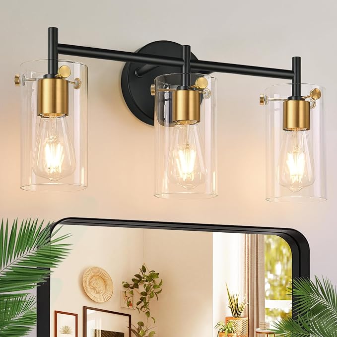 Indoi Bathroom Light Fixtures, 3-Light Black and Gold Vanity Light, Black Bathroom Lights Over Mirror with Clear Glass Shade for Mirror Bedroom Living Room