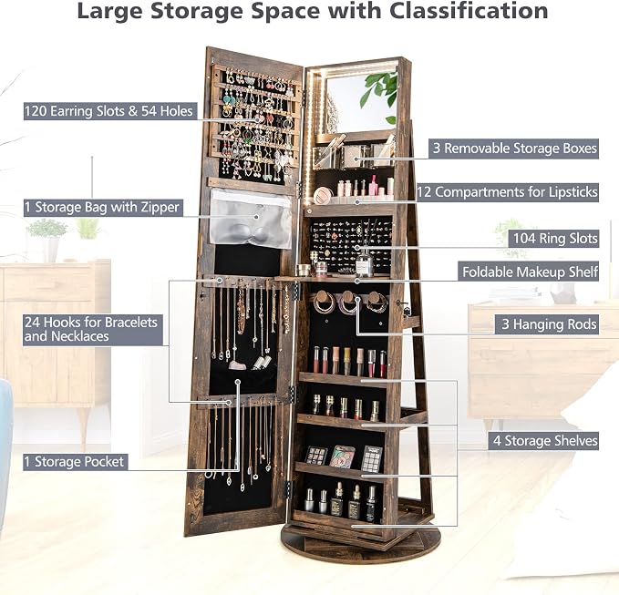 CHARMAID 360° Swivel Jewelry Armoire with Full Length Mirror, Rear Storage Shelves, Lockable Standing Jewelry Cabinet Organizer with Interior Vanity Mirror and 3-Color Lights (Rustic Brown)
