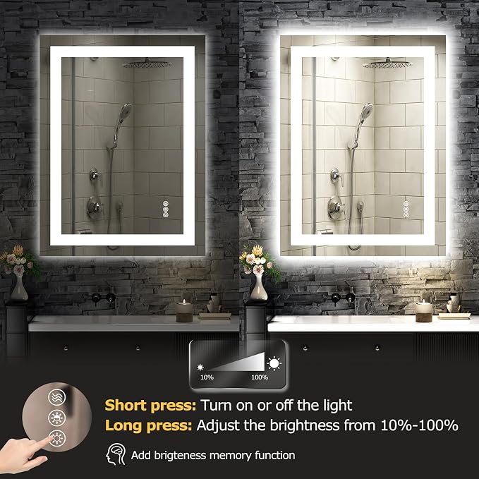 Hivone 24"X32" LED Bathroom Mirror with Lights, Anti-Fog, Dimmable, Backlit + Front Lit, Smart Bathroom Vanity Mirror, Memory Function, Shatterproof, Tempered Glass (Horizontal/Vertical)
