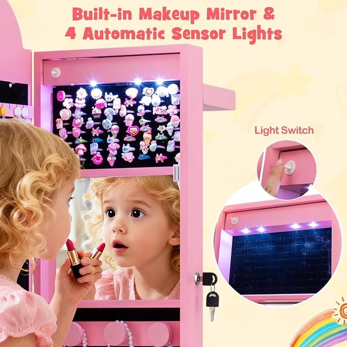 HONEY JOY Kids Jewelry Cabinet with LED Lights, Rainbow Standing Jewelry Armoire w/Full-Length Mirror & Makeup Mirror, Ring Slot, Lockable Princess Jewelry Organizer Storage for Toddler Girls(Pink)