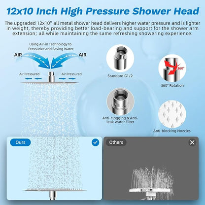 Hibbent High Pressue All Metal 12" Rainfall Shower Head, Handheld 10-Spray | cUPC Certified Chrome Dual Showerhead Combo, 4-way Diverter with Pause Mode, Brass Extension Arm, 71'' Shower Hose & Holder
