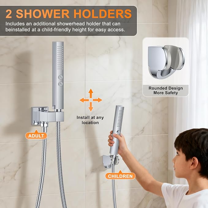 Chrome Shower System with Tub Spout, Ceiling Mounted Bathtub Shower Faucet Set, 12" Rainfall Shower Head and Handheld Shower Combo, High Pressure Shower Fixtures Set with Rough-in Valve