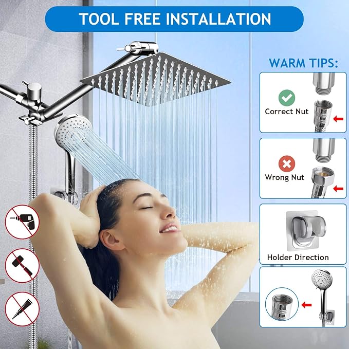 Shower Head Combo,8 Inch High Pressure Rain Shower Head with 11 Inch Adjustable Extension Arm and 5 Settings Handheld Shower Head Combo,Powerful Shower Spray Against Low Pressure Water with Long Hose
