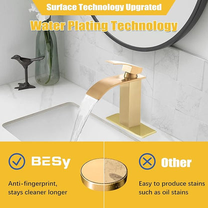 BESy Waterfall Spout Bathroom Faucet, Single Handle Bathroom Sink Faucets, Rv Vessel Faucet Basin Mixer Tap with Deck Plate, cUPC Waterlines, Brushed Gold
