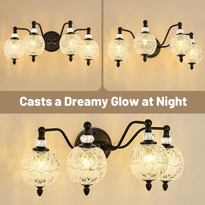 4-Light Matte Black Bathroom Vanity Light, Farmhouse Wall Sconce with Globe Glass Shades, Mid Century Retro Mirror Light for Bathroom, Powder Room
