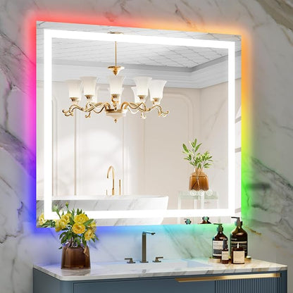 40x36 LED Bathroom Mirror with Lights, RGB Backlit Lighted Mirror | Backlit and Front Light, Anti-Fog, 3 Color Dimmable, Memory, Tempered Glass, IP54 Waterproof, UL Listed