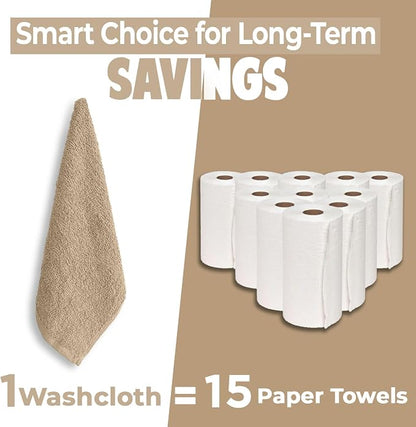 DAN RIVER 12 Pack Cotton Wash Cloths Set for Showering [12x12] Tan | Lighter Weight, Quick to Dry, Super Soft & Absorbent Face Towels, Hotel Quality, Perfect for Bathroom, Gym, Spa