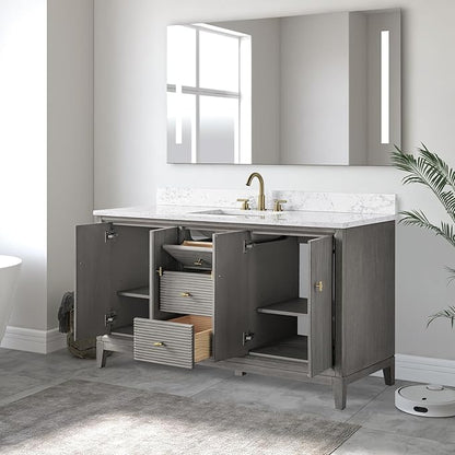 Vanity Art 60" Bathroom Vanity with Single Sink & Arabescato White Engineered Stone Top, Vanity Cabinet with Soft Closing Door, Solid Wood Frame, Golden Brushed Handles, Driftwood Gray VA8160S-DG-GB