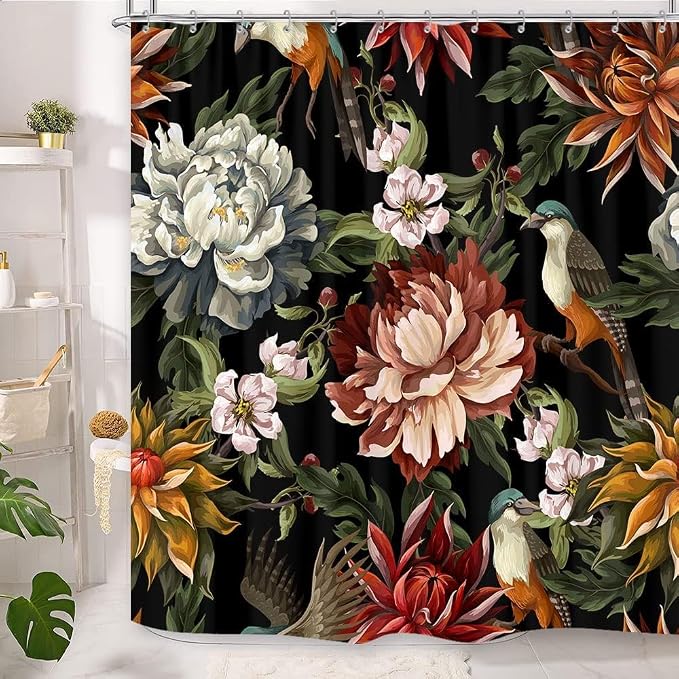GOAOK Black Boho Floral Shower Curtain, Bright Abstract Bohemian Tropical Leaves Plant Flower Botanical Bird Shower Curtains, Modern Aesthetic Boho Chic Fabric Shower Curtain 12 Pack Hooks, 60X72