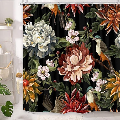 GOAOK Black Boho Floral Shower Curtain, Bright Abstract Bohemian Tropical Leaves Plant Flower Botanical Bird Shower Curtains, Modern Aesthetic Boho Chic Fabric Shower Curtain 12 Pack Hooks, 60X72
