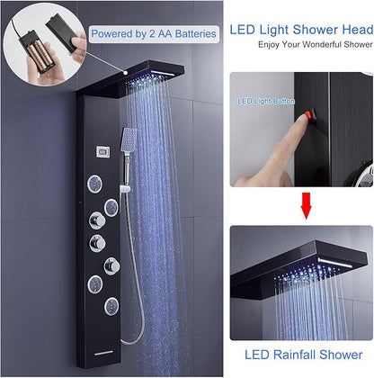 MENATT LED Shower Panels Tower System, SUS304 Stainless Steel Bathroom Shower Panel System with 4 Body Jets, Rainfall, Waterfall, Handheld Shower, Tub Faucet (Black)