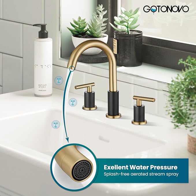 gotonovo 3 Hole 2 Handles Lavatory Basin Bathroom Sink Faucet with Pop Up Drain with Hot and Cold Mixer Valves 8 Inch Widespread Bathroom Faucet Matte Black & Gold
