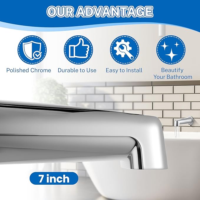 Dreyoo 7 Inch Bathroom Tub Spout Compatible with Westbrass E531D-1F-62, Fits Wall Front Mount Tub Spout Without Shower Diverter 1/2'' IPS Inside Thread Bathtub Faucet (Chrome)