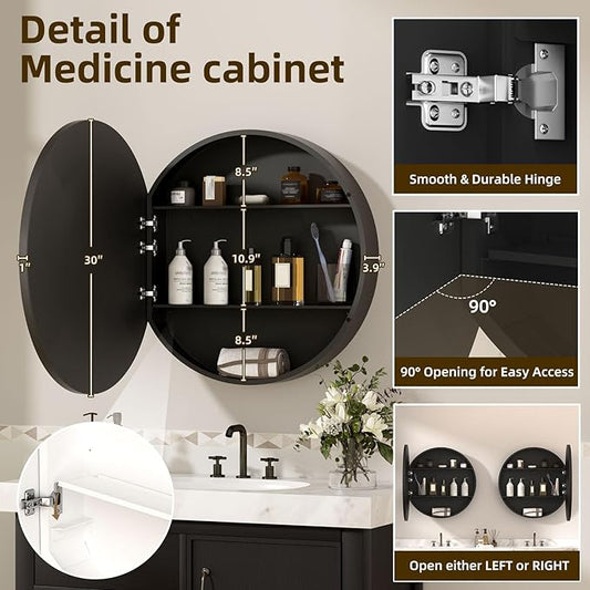30 x 30 Inch Round Black Mirror Medicine Cabinet Surface Mounted, Circular Modern Bathroom Medicine Cabinet with Mirror, Metal Framed Medicine Cabinets with Tempered Glass Mirror