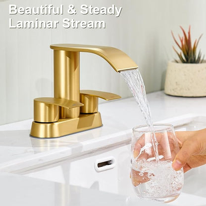 Ultimate Unicorn Bathroom Faucet for Sink Brushed Gold, 4 Inch Bathroom Sink Faucet for 3 or 2 Holes, 2 Handle Waterfall Faucets with Pop up Drain, Centerset Faucets for RV Counter