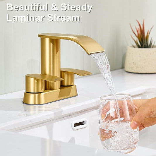 Ultimate Unicorn Bathroom Faucet for Sink Brushed Gold, 4 Inch Bathroom Sink Faucet for 3 or 2 Holes, 2 Handle Waterfall Faucets with Pop up Drain, Centerset Faucets for RV Counter