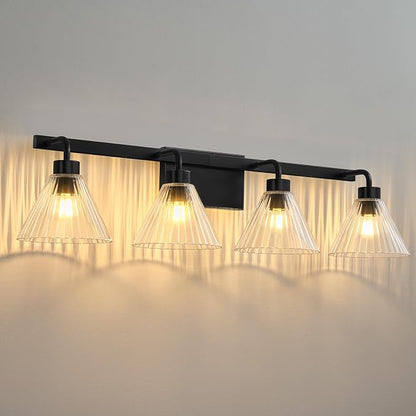 AIJIASI 4-Light Bathroom Light Fixtures 34 Inch Matte Black Vanity Lights for Bathroom with Ribbed Glass Shade Modern Bath Vanity Lighting Fixtures Wall Sconce