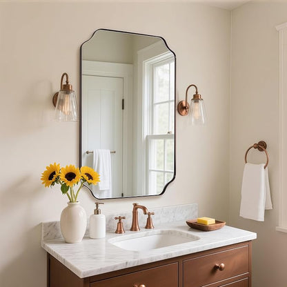 Bronze Bathroom Mirror, 24x36 Inch Brushed Bronze Rectangle Mirror, Scalloped Mirror for Bathroom with Premium Stainless Steel Metal Frame, Thin Frame Deep 1’’