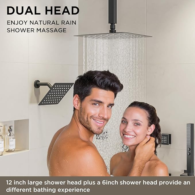 Shower System with Body Jets Matte Black, STARBATH 4 Way 12+6" Shower Faucet Sets Complete with 2 in 1 Handheld,Ceiling Mounted Rainfall Dual Shower Head with 4 Body Spray Jets, Shower Jets System